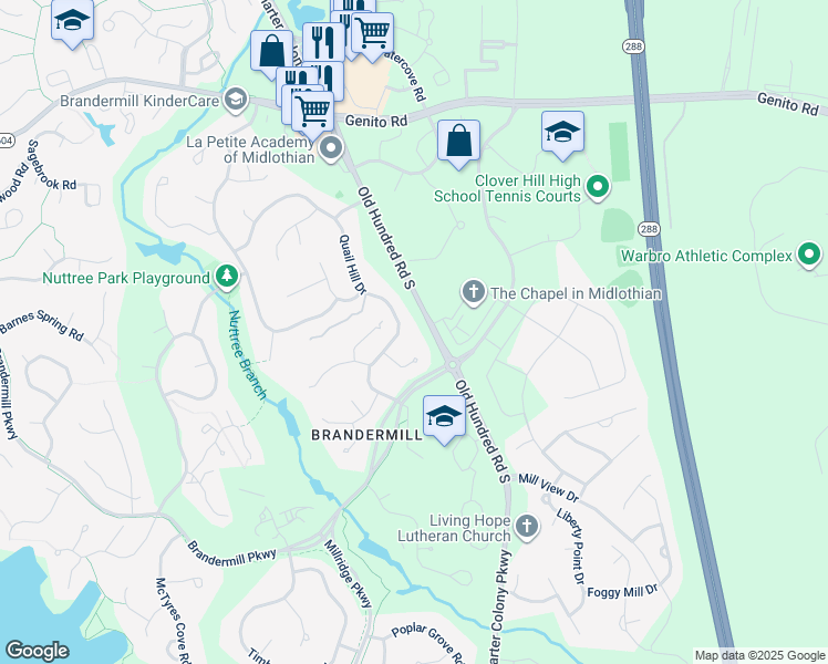 map of restaurants, bars, coffee shops, grocery stores, and more near 3405 Quail Hill Drive in Midlothian