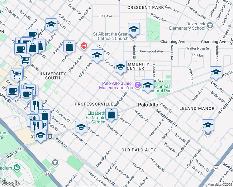 map of restaurants, bars, coffee shops, grocery stores, and more near 1321 Webster Street in Palo Alto