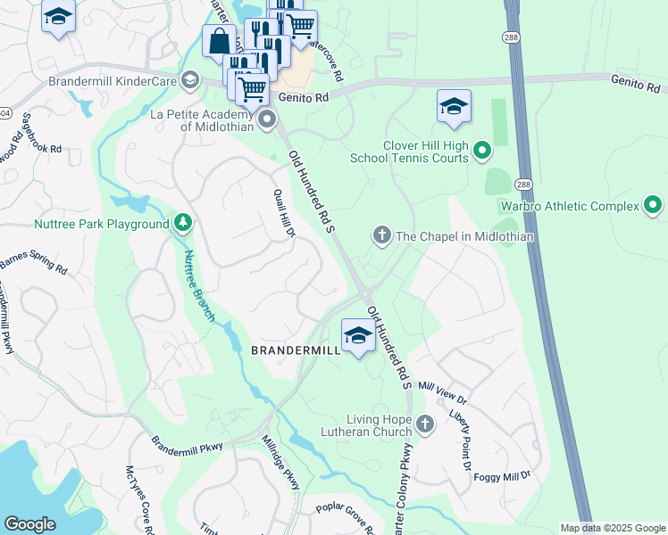 map of restaurants, bars, coffee shops, grocery stores, and more near 3405 Quail Hill Drive in Midlothian