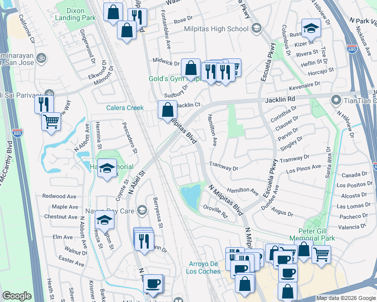 map of restaurants, bars, coffee shops, grocery stores, and more near 828 Erie Circle in Milpitas