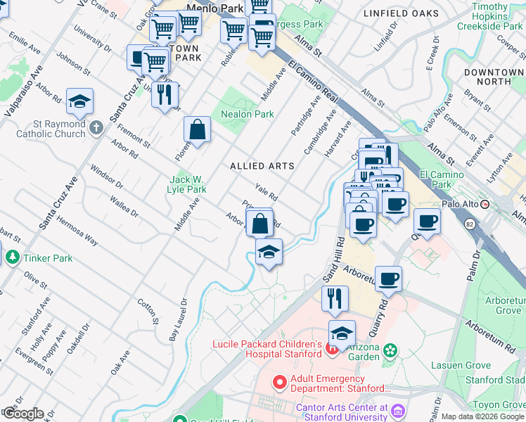 map of restaurants, bars, coffee shops, grocery stores, and more near 241 Princeton Road in Menlo Park