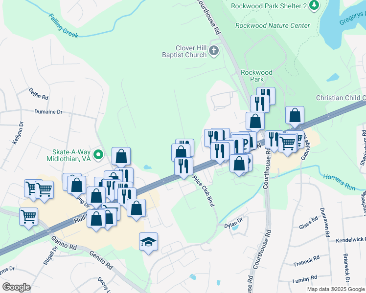 map of restaurants, bars, coffee shops, grocery stores, and more near 3500 Suncrest Drive in Midlothian