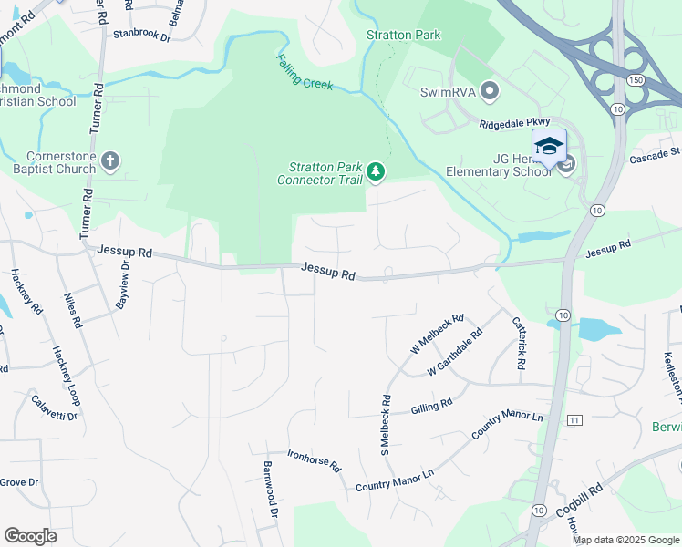 map of restaurants, bars, coffee shops, grocery stores, and more near 5612 Jessup Road in Richmond