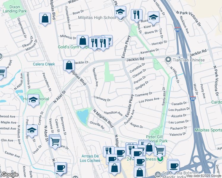 map of restaurants, bars, coffee shops, grocery stores, and more near 830 Aaron Park Drive in Milpitas