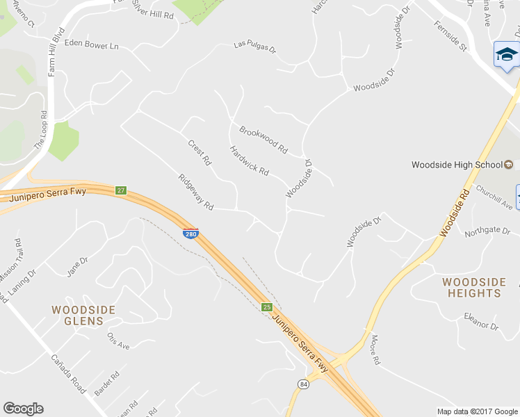 map of restaurants, bars, coffee shops, grocery stores, and more near 140 Ridgeway Road in Woodside