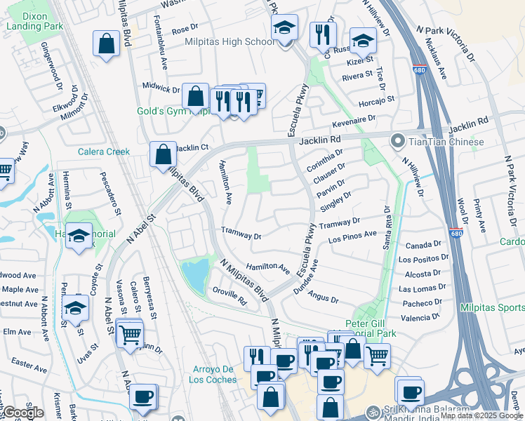 map of restaurants, bars, coffee shops, grocery stores, and more near 830 Aaron Park Drive in Milpitas