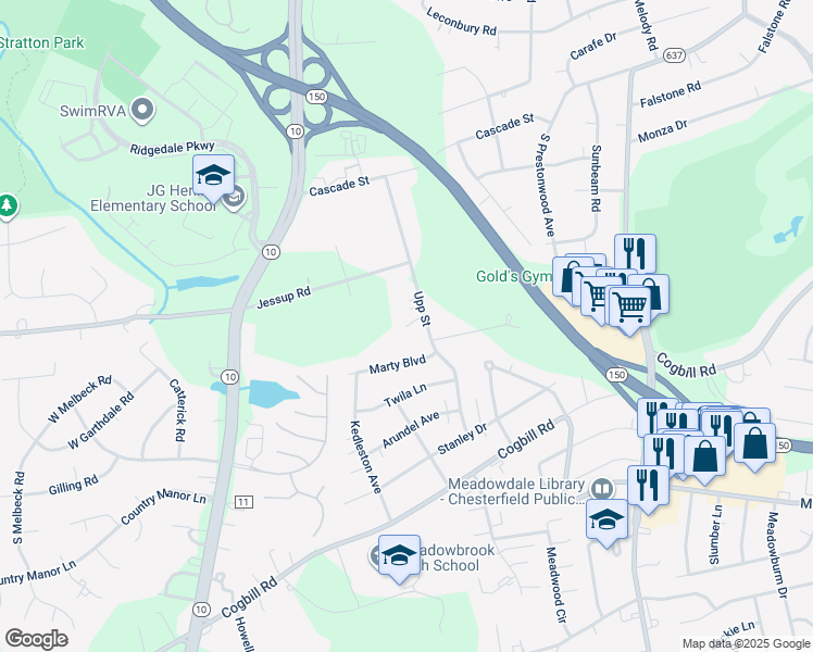 map of restaurants, bars, coffee shops, grocery stores, and more near 5516 Upp Street in Richmond