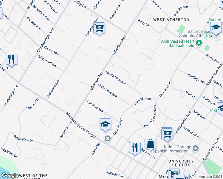 map of restaurants, bars, coffee shops, grocery stores, and more near 43 Linda Vista Avenue in Atherton