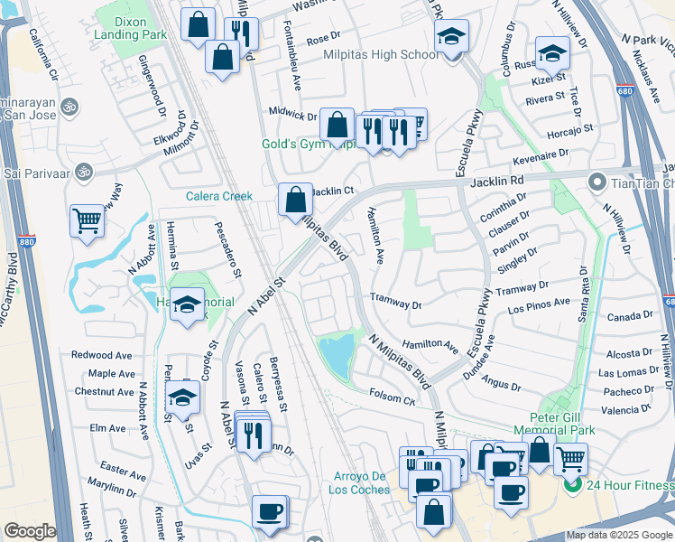 map of restaurants, bars, coffee shops, grocery stores, and more near 828 Erie Circle in Milpitas