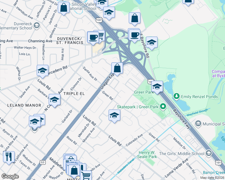 map of restaurants, bars, coffee shops, grocery stores, and more near 2527 Greer Road in Palo Alto
