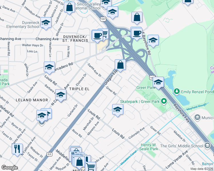 map of restaurants, bars, coffee shops, grocery stores, and more near 2420 Greer Road in Palo Alto