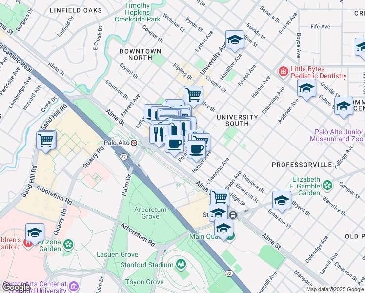 map of restaurants, bars, coffee shops, grocery stores, and more near 639 High Street in Palo Alto