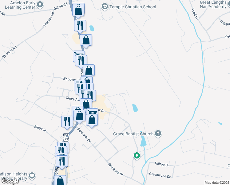 map of restaurants, bars, coffee shops, grocery stores, and more near 101-199 Sycamore Lane in Madison Heights