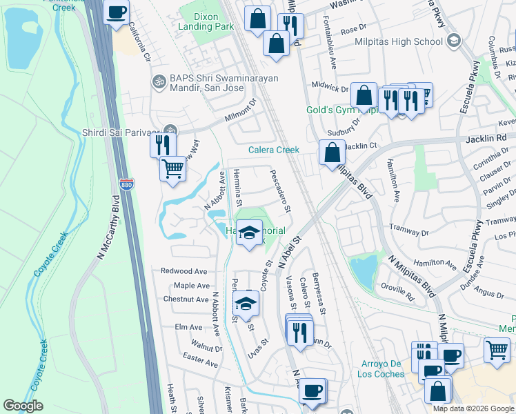map of restaurants, bars, coffee shops, grocery stores, and more near 398 La Honda Drive in Milpitas