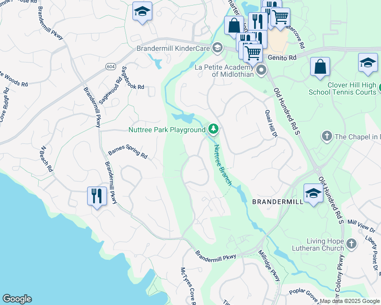 map of restaurants, bars, coffee shops, grocery stores, and more near 3311 Nuttree Woods Place in Midlothian