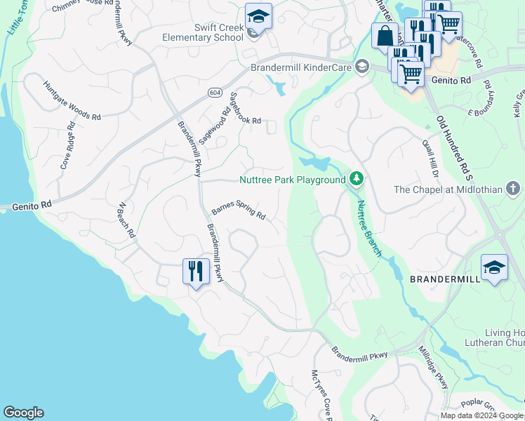 map of restaurants, bars, coffee shops, grocery stores, and more near 13814 Barnes Spring Road in Midlothian