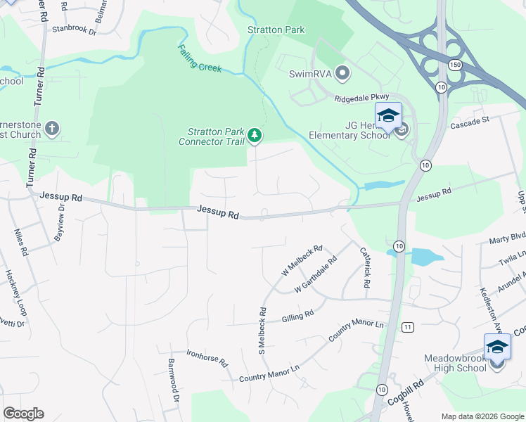 map of restaurants, bars, coffee shops, grocery stores, and more near 5520 Jessup Road in Richmond
