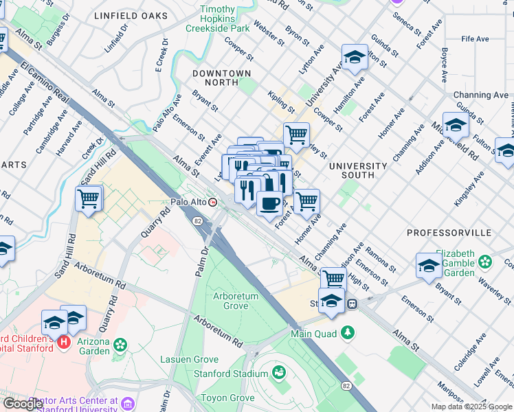 map of restaurants, bars, coffee shops, grocery stores, and more near 525 Alma Street in Palo Alto