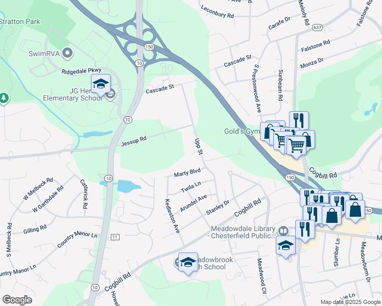 map of restaurants, bars, coffee shops, grocery stores, and more near 5516 Upp Street in Richmond