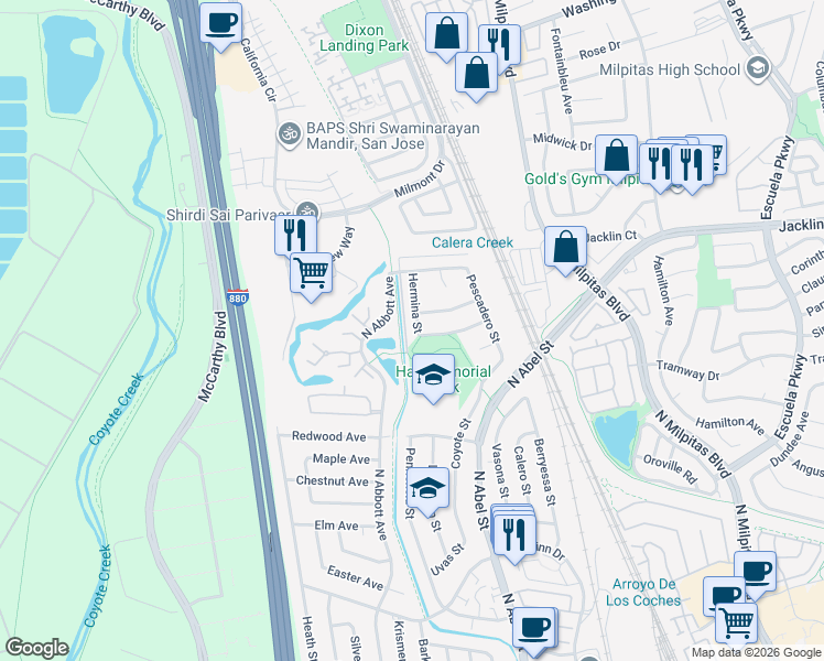 map of restaurants, bars, coffee shops, grocery stores, and more near 1043 Hermina Street in Milpitas