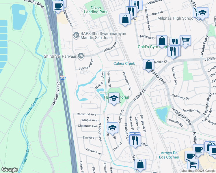 map of restaurants, bars, coffee shops, grocery stores, and more near 1043 Hermina Street in Milpitas