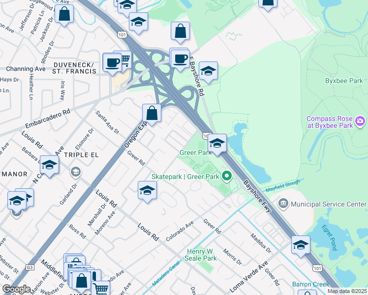 map of restaurants, bars, coffee shops, grocery stores, and more near 1098 Amarillo Avenue in Palo Alto