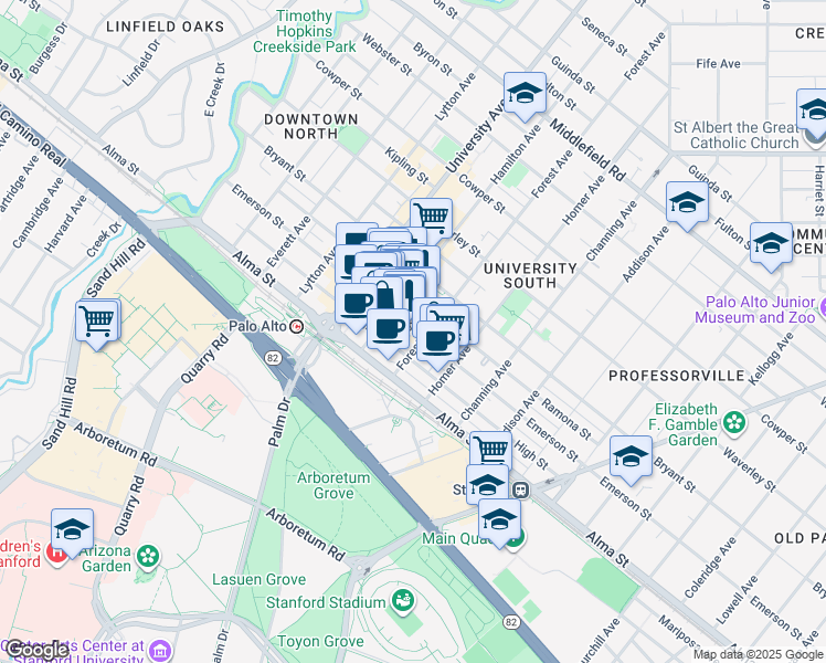 map of restaurants, bars, coffee shops, grocery stores, and more near 723 Emerson Street in Palo Alto
