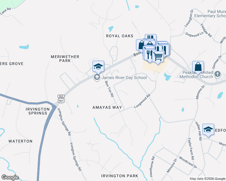 map of restaurants, bars, coffee shops, grocery stores, and more near 116 Bon Ton Road in Lynchburg