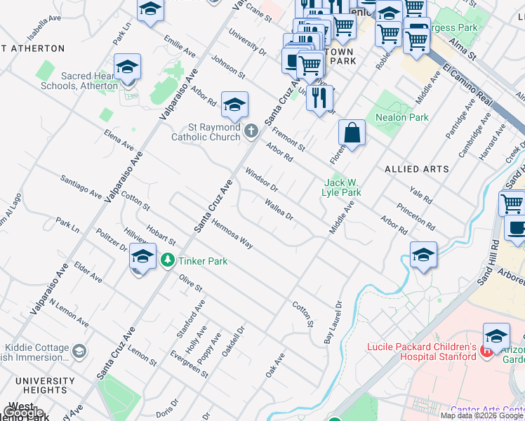 map of restaurants, bars, coffee shops, grocery stores, and more near 8 Reyna Place in Menlo Park