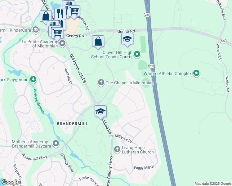 map of restaurants, bars, coffee shops, grocery stores, and more near 12224 Petrel Crossing in Midlothian