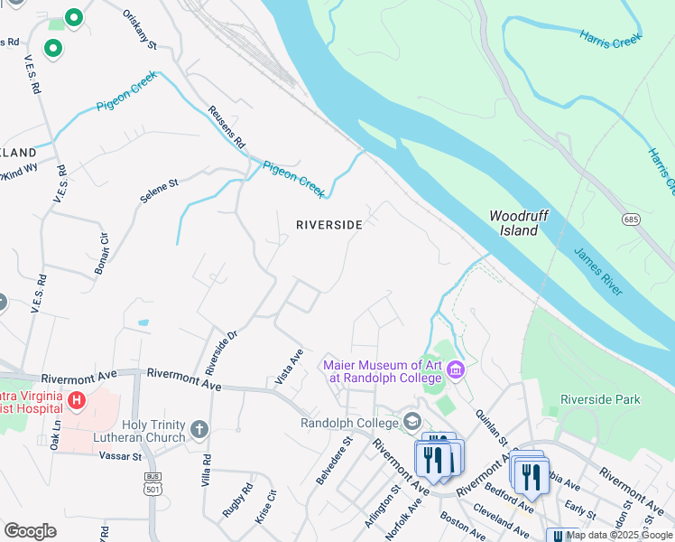 map of restaurants, bars, coffee shops, grocery stores, and more near 399 Riverside Drive in Lynchburg
