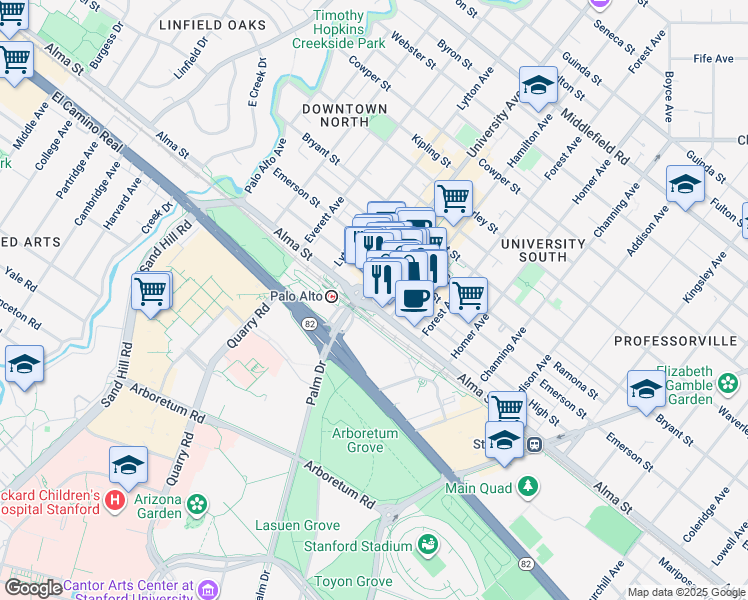 map of restaurants, bars, coffee shops, grocery stores, and more near 525 Alma Street in Palo Alto