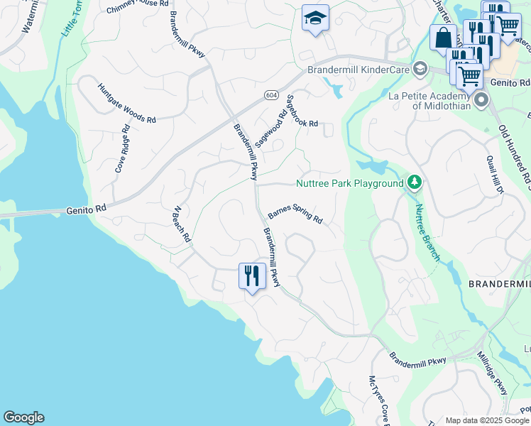 map of restaurants, bars, coffee shops, grocery stores, and more near 13920 Barnes Spring Road in Midlothian