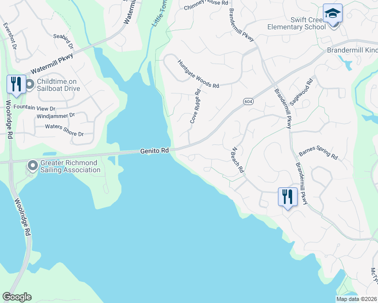 map of restaurants, bars, coffee shops, grocery stores, and more near 14316 Regatta Pointe Road in Midlothian