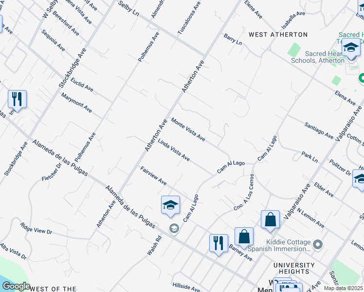 map of restaurants, bars, coffee shops, grocery stores, and more near 43 Linda Vista Avenue in Atherton