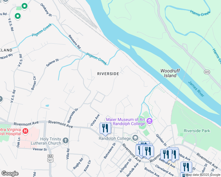 map of restaurants, bars, coffee shops, grocery stores, and more near 399 Riverside Drive in Lynchburg