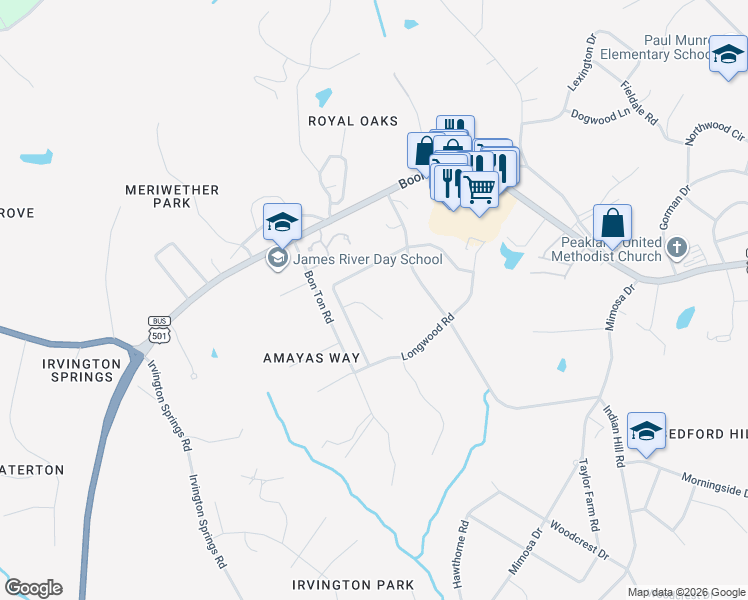 map of restaurants, bars, coffee shops, grocery stores, and more near 2218 Cambridge Place in Lynchburg