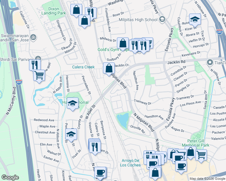 map of restaurants, bars, coffee shops, grocery stores, and more near 923 Coventry Way in Milpitas