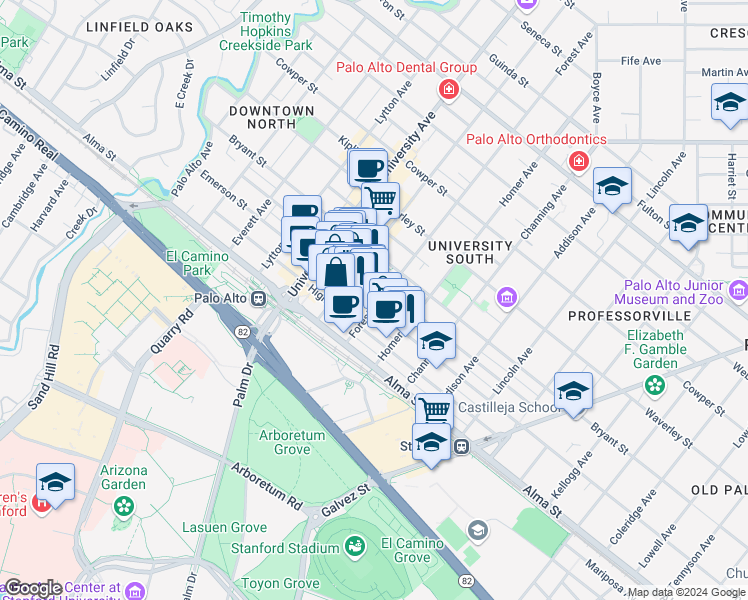 map of restaurants, bars, coffee shops, grocery stores, and more near 723 Emerson Street in Palo Alto