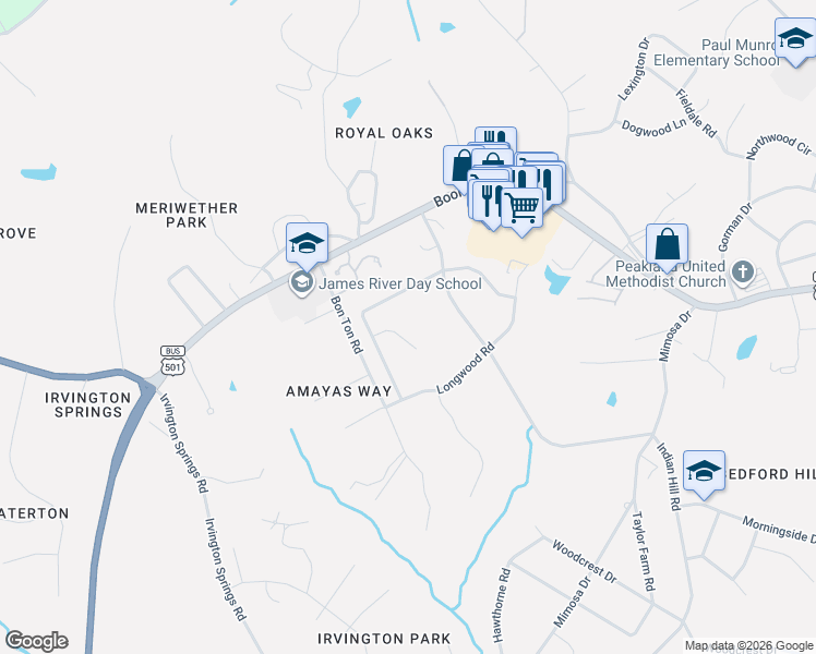 map of restaurants, bars, coffee shops, grocery stores, and more near 2218 Cambridge Place in Lynchburg