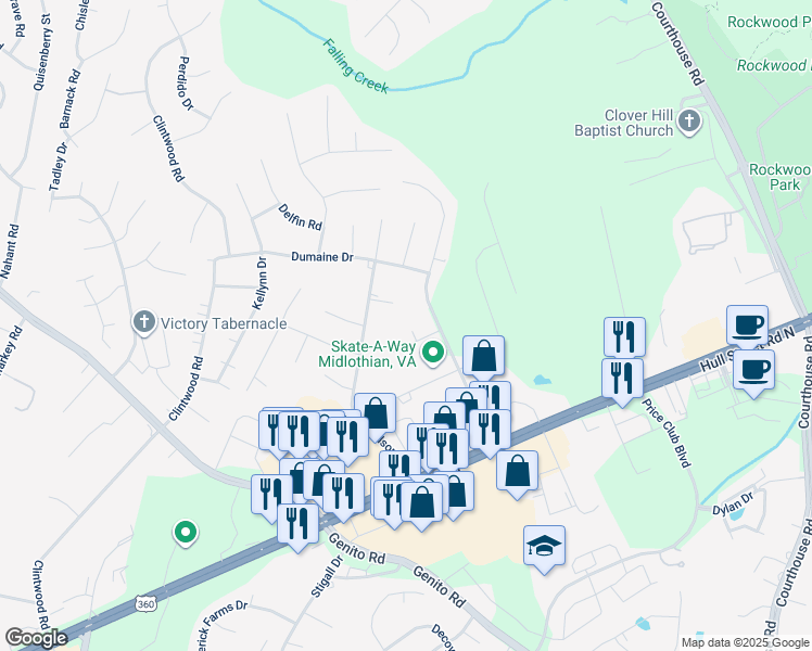map of restaurants, bars, coffee shops, grocery stores, and more near 3200 Reginald Court in Midlothian