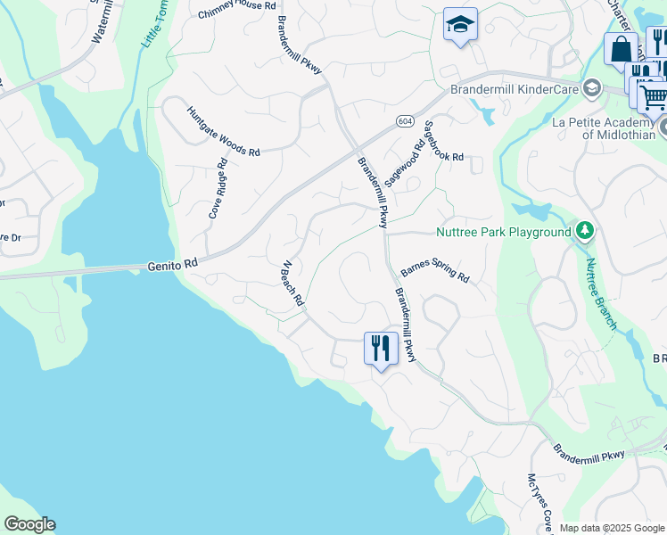 map of restaurants, bars, coffee shops, grocery stores, and more near 3222 Fortunes Ridge Road in Midlothian