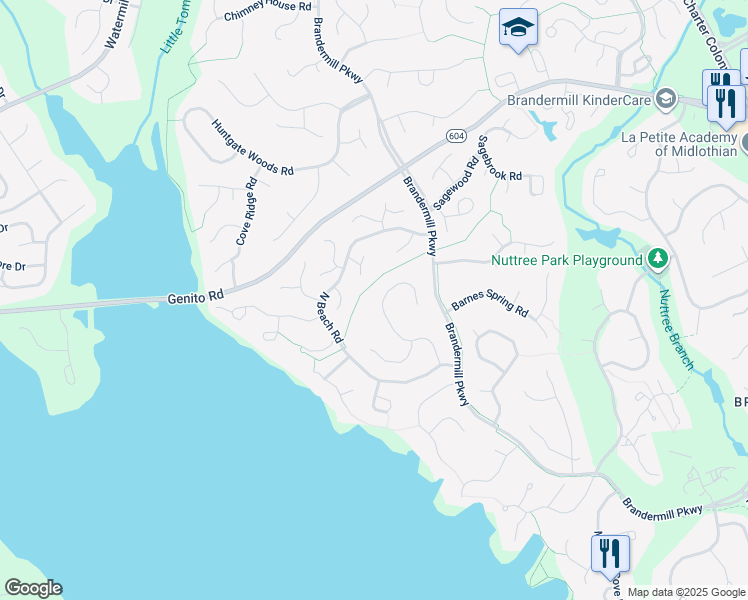 map of restaurants, bars, coffee shops, grocery stores, and more near 3222 Fortunes Ridge Road in Midlothian