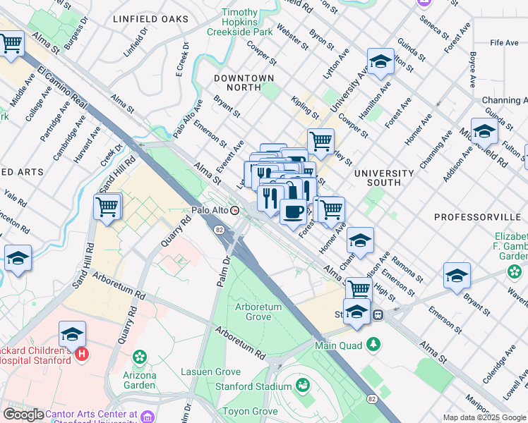 map of restaurants, bars, coffee shops, grocery stores, and more near 525 Alma Street in Palo Alto