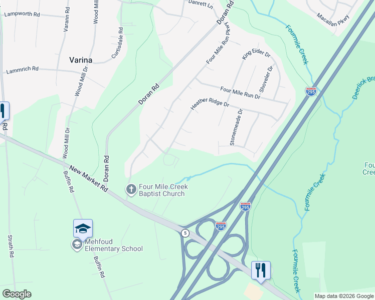 map of restaurants, bars, coffee shops, grocery stores, and more near 8216 Heather Ridge Court in Richmond