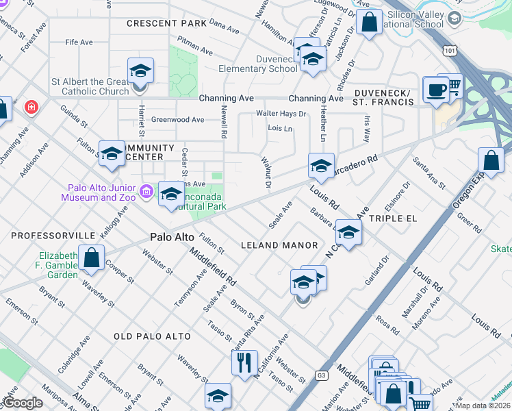 map of restaurants, bars, coffee shops, grocery stores, and more near 1849 Mark Twain Street in Palo Alto