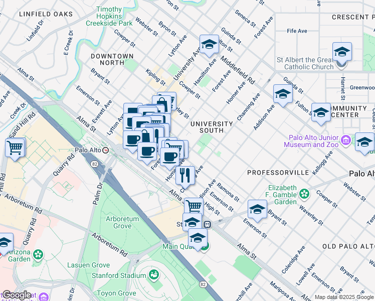map of restaurants, bars, coffee shops, grocery stores, and more near 770 Bryant Street in Palo Alto