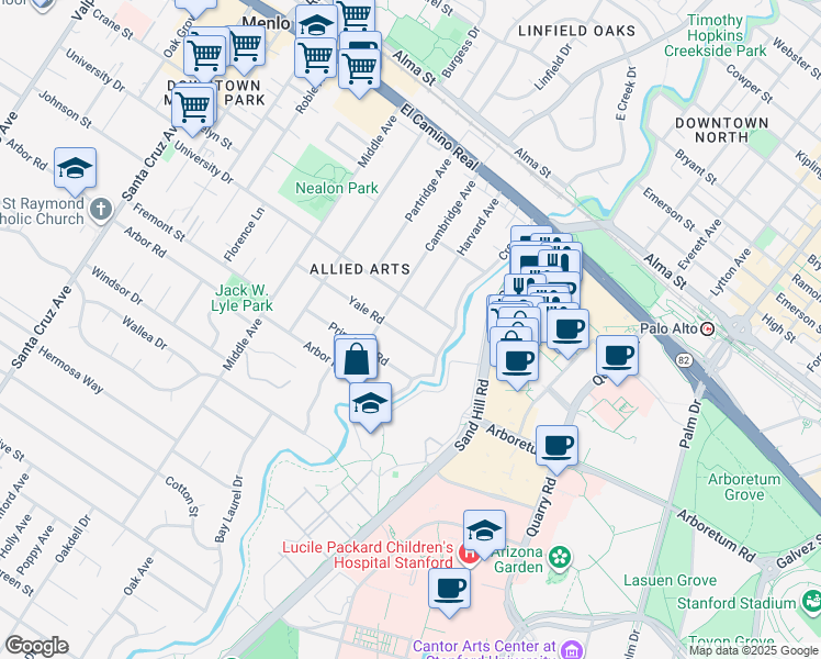 map of restaurants, bars, coffee shops, grocery stores, and more near 94 Yale Road in Menlo Park