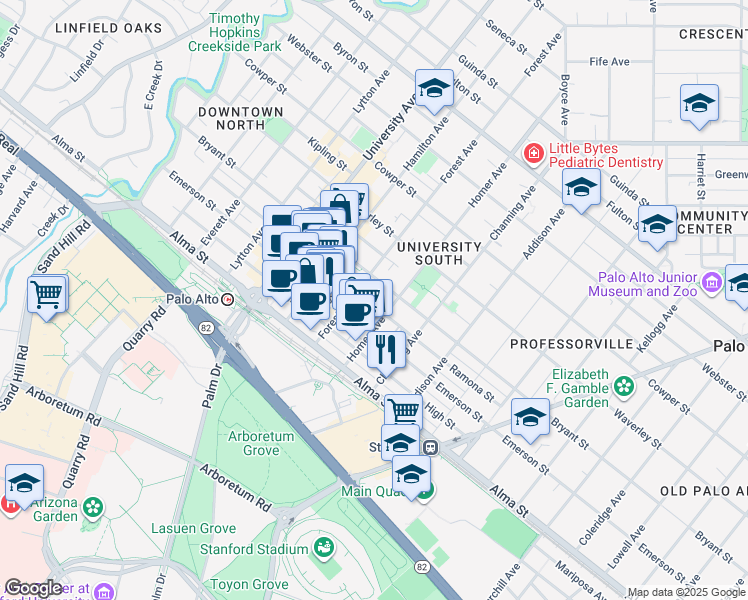 map of restaurants, bars, coffee shops, grocery stores, and more near 241 Homer Avenue in Palo Alto