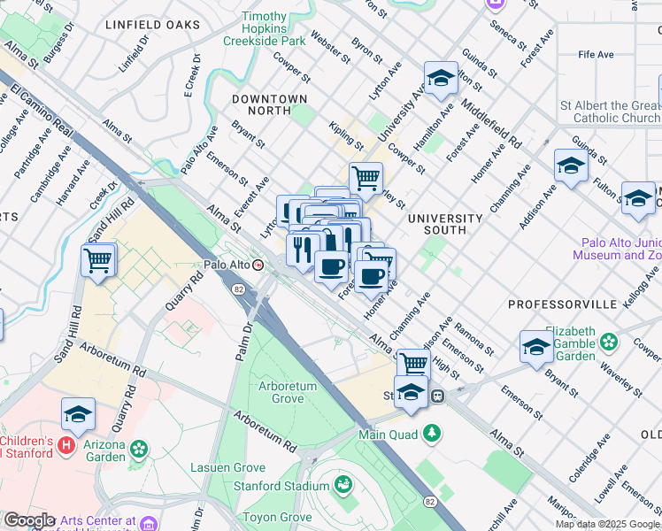 map of restaurants, bars, coffee shops, grocery stores, and more near 639 High Street in Palo Alto